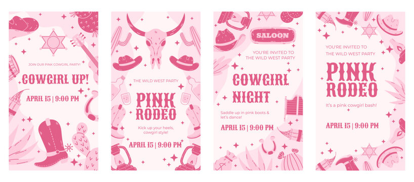 Pink Cowgirl Rodeo Social Media Stories Template with Western-Themed Icons, Boots, Cactus, and Feminine Design for Event Promotions