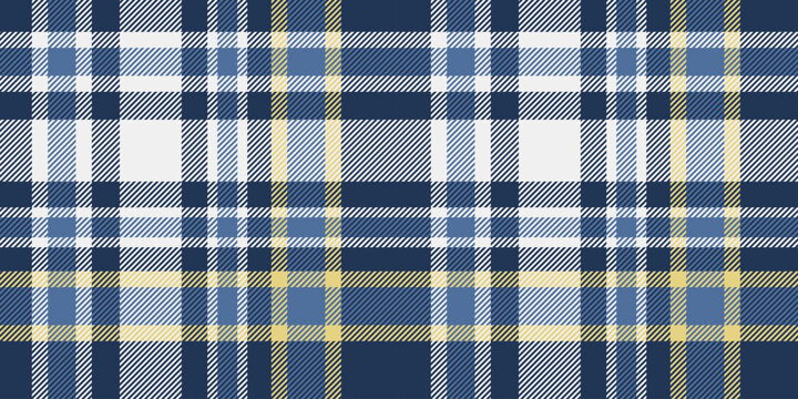 Classic navy blue, white, and yellow tartan plaid pattern in a seamless design