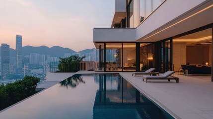 Fototapeta premium Luxury modern apartment with infinity pool overlooking city skyline at dusk