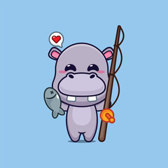 hippo mascot cartoon character vector illustration catching fish with fishing rod