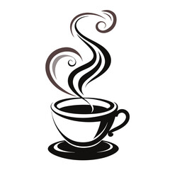 A modern, abstract composition where a coffee cup is surrounded by intricate, swirling steam patterns forming waves and loops silhouette vector art illustration  