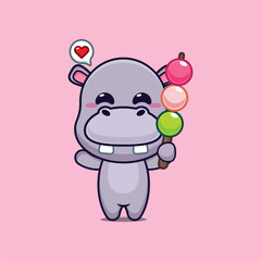 hippo mascot cartoon character vector illustration eating dango