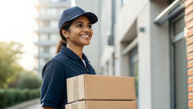 Indian Female Delivery Worker in Uniform Holding a Package – A confident woman courier in a branded uniform, standing in front of a delivery van with a parcel in hand.
