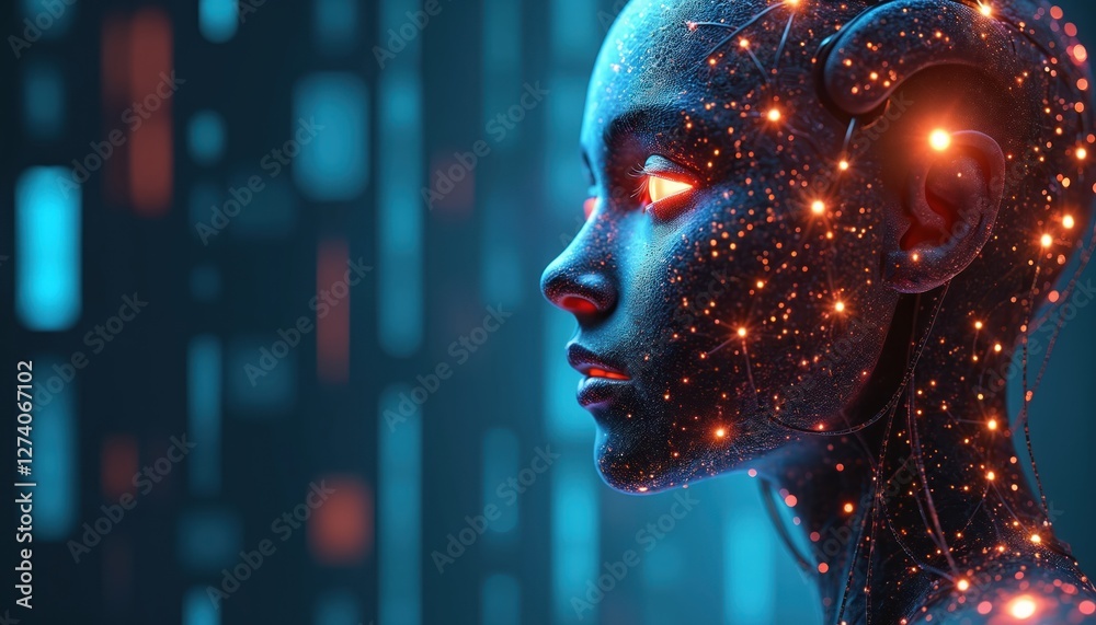 Poster cybernetic face embodies ai tech featuring network of glowing nodes, connections. futuristic digital