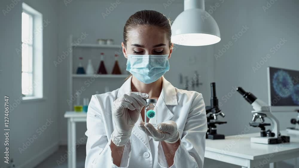 Poster Laboratory scientist wearing mask and gloves holding a vial containing a coronavirus model in a laboratory with a microscope in the background, slow motion