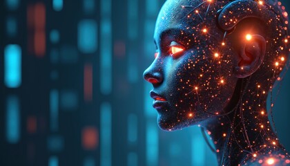 Cybernetic face embodies AI tech featuring network of glowing nodes, connections. Futuristic digital abstract profile virtual intelligence, cyber humanity interface. Blue neon light, red light accent