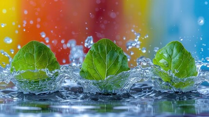 Three fresh green leaves splashing in water against a colorful background.