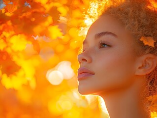 Fototapeta premium Tranquil Profile Portrait of a Pensive Person Amid Glowing Autumn Foliage