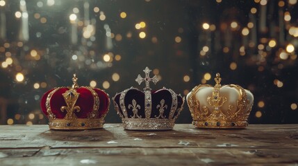 Una mesa tradicional de madera con destellos de luces que cuenta con un espacio para copas y las tres coronas de los reyes magos decoradas de forma elegante para el festejo del dia de los reyes magos