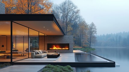 Fototapeta premium A description and keywords for the image are: modern living room with a fireplace, large windows, and neutral decor