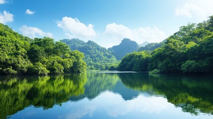 Serene Reflections: Tranquil Lake Surrounded by Lush Trees