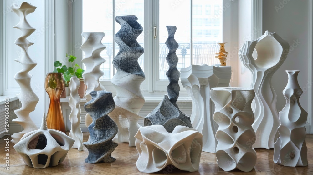 Poster various uniquely shaped vases in white, gray, and orange colors stand in a spacious gallery. natural