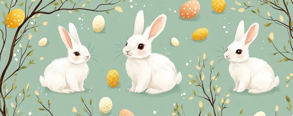 Easter-themed illustration with white rabbits, eggs, and floral accents on green background