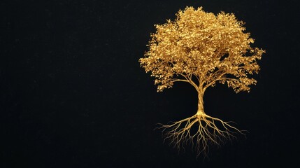 Abstract gold tree concept. Floating Golden Tree with Ethereal Roots Dissolving into Radiant Light