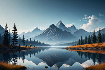 mountains reflected in a lake with trees and grass