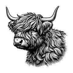Highland cow sketch engraving black and white outline. Scratch board imitation.
