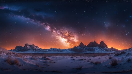 Naklejka premium This image features a panoramic night sky view of the Milky Way galaxy arching over a desert landscape, complete with a dirt road and snow-capped mountains in the distance