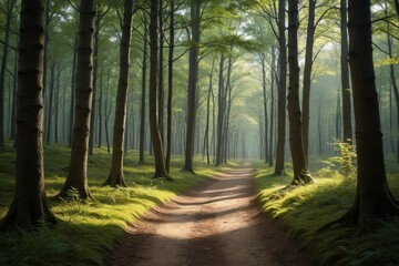 Obraz premium there is a dirt road that is surrounded by trees in the woods