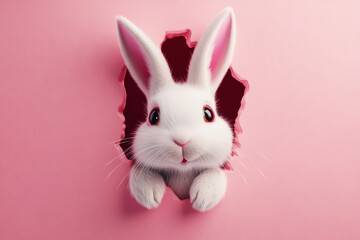 Obraz premium An Easter bunny with fluffy ears peeking from a hole in a vibrant pink wall, perfect for Easter flyers or lighthearted wallpaper designs