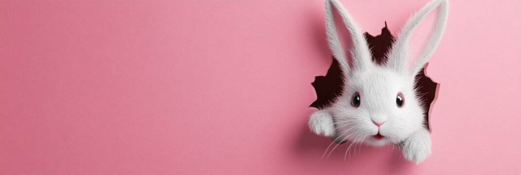 A playful Easter bunny peeking from a vibrant pink wall, perfect for creating lighthearted, seasonal Easter flyers or decorative wallpaper designs, banner
