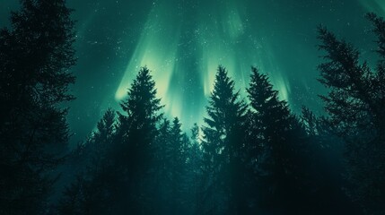 Obraz premium Enchanting Northern Lights Illuminating Dark Forest Landscape at Night