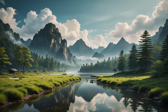 there is a river running through a lush green valley with mountains in the background
