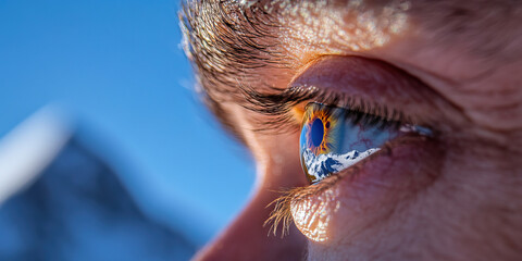 Human Eye with Mountain Range and Sun Reflection