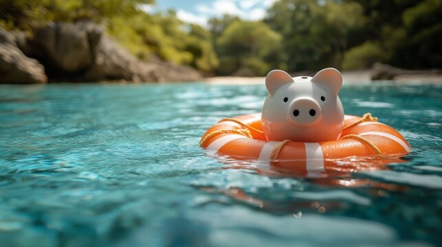 Piggy Bank Floating on a Lifebuoy in a Crystal Clear Blue Water for Financial Security, Emergency Savings, and Money Management Concepts in a Summer Vacation Setting