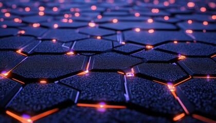 Obraz premium Neon Blue Connecting Hexagonal Pattern on Black Backdrop, Sci Fi Futuristic Technology Background