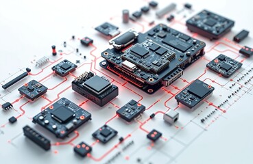 Illustration features exploded view infographic with sleek graphical elements. Detailed product components arranged on diagram, technical visualization. Conceptual section offers visual support,