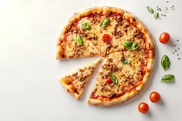 Delicious meat pizza, sliced, marble background, food photography, menu use