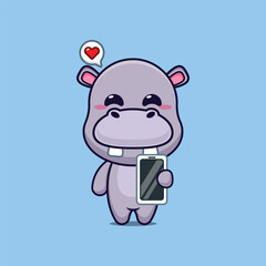 hippo mascot cartoon character vector illustration with mobile phone