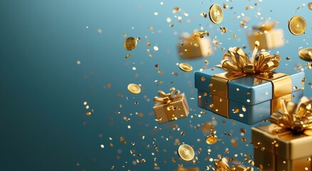 Golden gift boxes with coins on a blue background for festive celebrations