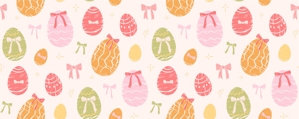 Seamless pattern with decorative Easter eggs with textured pastel pattern and ribbon bows. Hand drawn festive wallpaper in pink, orange and green shades. Cute design, background for holiday decoration