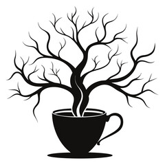 "A coffee cup with steam transforming into a swirl of stars, planets, and a crescent moon."
silhouette vector art illustration 
