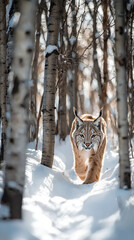 Obraz premium lynx walking through snowy forest, showcasing its beautiful fur and keen expression