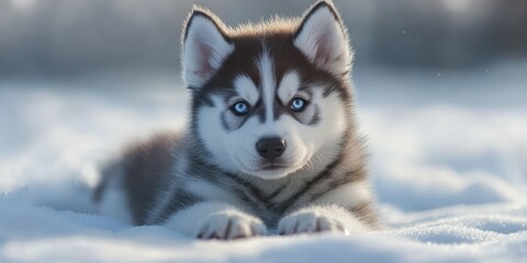 Naklejka premium Cute husky puppy playing in the snow during winter with a serene backdrop and bright blue eyes standing out