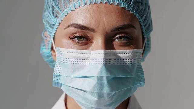 Professional female healthcare worker wearing surgical mask and hairnet, embodying focused confidence and safety protocols in clinical medical setting