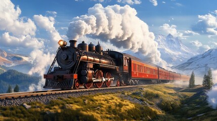 Obraz premium Vintage steam train traveling through scenic mountain landscape with puffy clouds