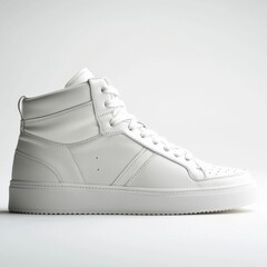 A stylish all-white leather high-top sneaker, showcasing its clean design and modern aesthetic, placed on a clean, bright background, excellent for fashion promotions.