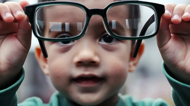 A child, blurred and out of focus, stands in the background, holding a pair of glasses.