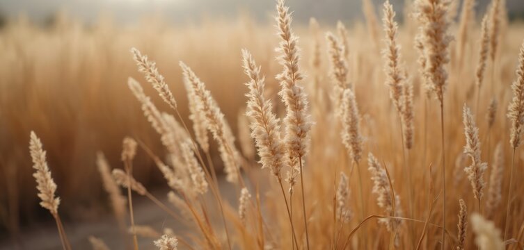 Landscape with dry beige cane. Macro shoot of pampas grass on nature herbal background in light golden sun. Boho design. Rural countryside with reed field at summer sunset.