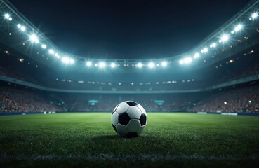 Naklejka premium Soccer ball on green grass field of stadium at night under bright spotlights. Football arena illuminated by stadium lights. Champion league match ready to start. Sport concept.