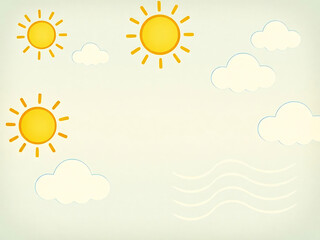 Fototapeta premium Cartoon Illustration of a Sunny Sky with Yellow Suns and White Clouds on Light Green