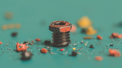 A bright blue surface provides the backdrop for a detailed depiction of a screw, perfect for utilization in scientific or technical contexts
