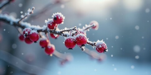 Frosted red berries cling to bare branches in the cold, seasonal, frost, ice