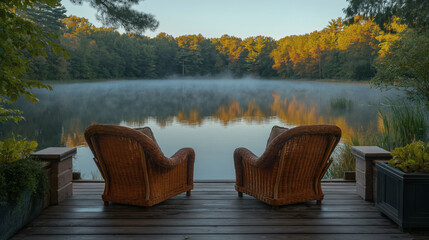 Obraz premium a pair of chairs on a wooden deck with a calm lake and mist gently hovering over the water,
