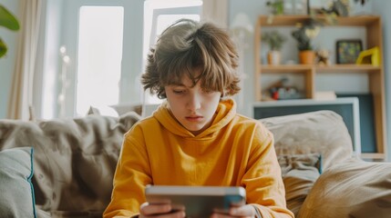 Teenager seated indoors, engrossed in cell phone, wearing hoodie and holding book.