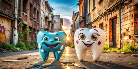 Cartoon tooth decay, healthy tooth, cavity, urban adventure.