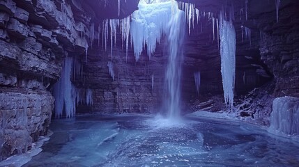 A serene icy cave with a waterfall and icicles, creating a tranquil winter scene.